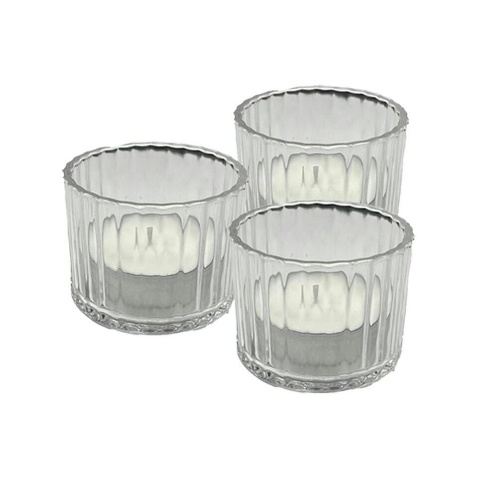 image 1 of Set of 3 Premium Ribbed Glass Tealight Holders (Includes 3 free Tealights) | Clear | One Size