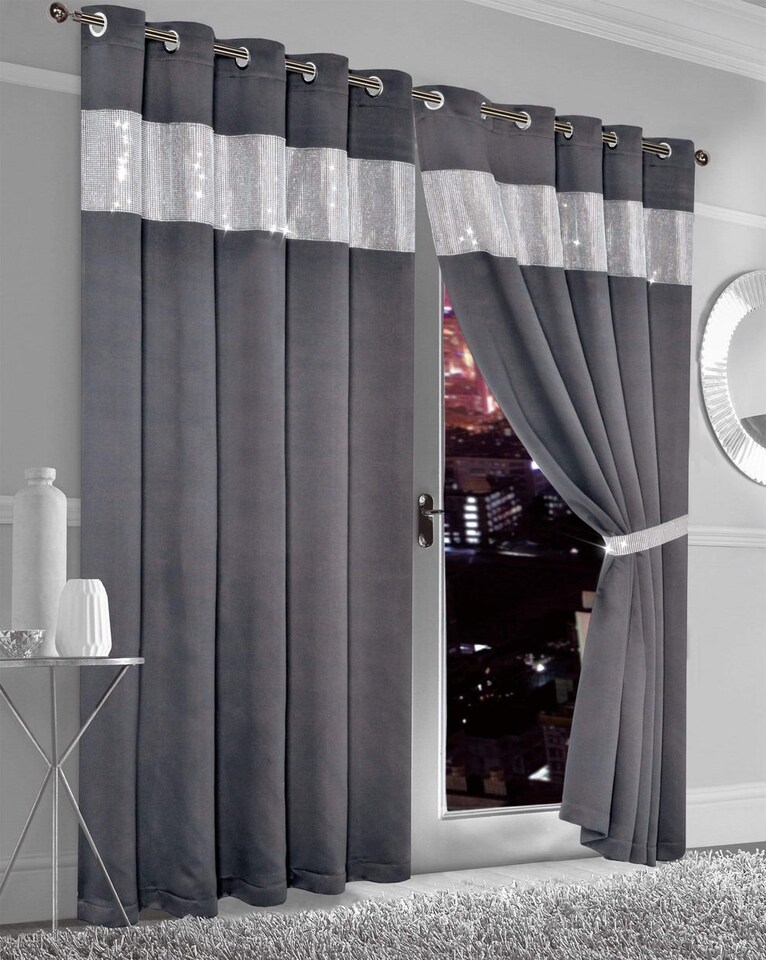 Diamante Blackout Eyelet Curtains in Charcoal, 167cm x 137cm | Grey | Grey