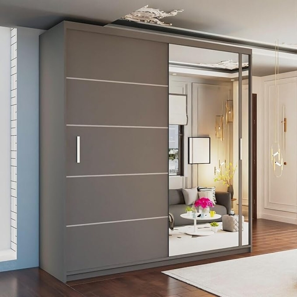 image 1 of Stylish 150cm Sliding Wardrobe with Full Mirror Door & Lined Panel Design | White, Black, Grey Finish Grey | Grey150cm