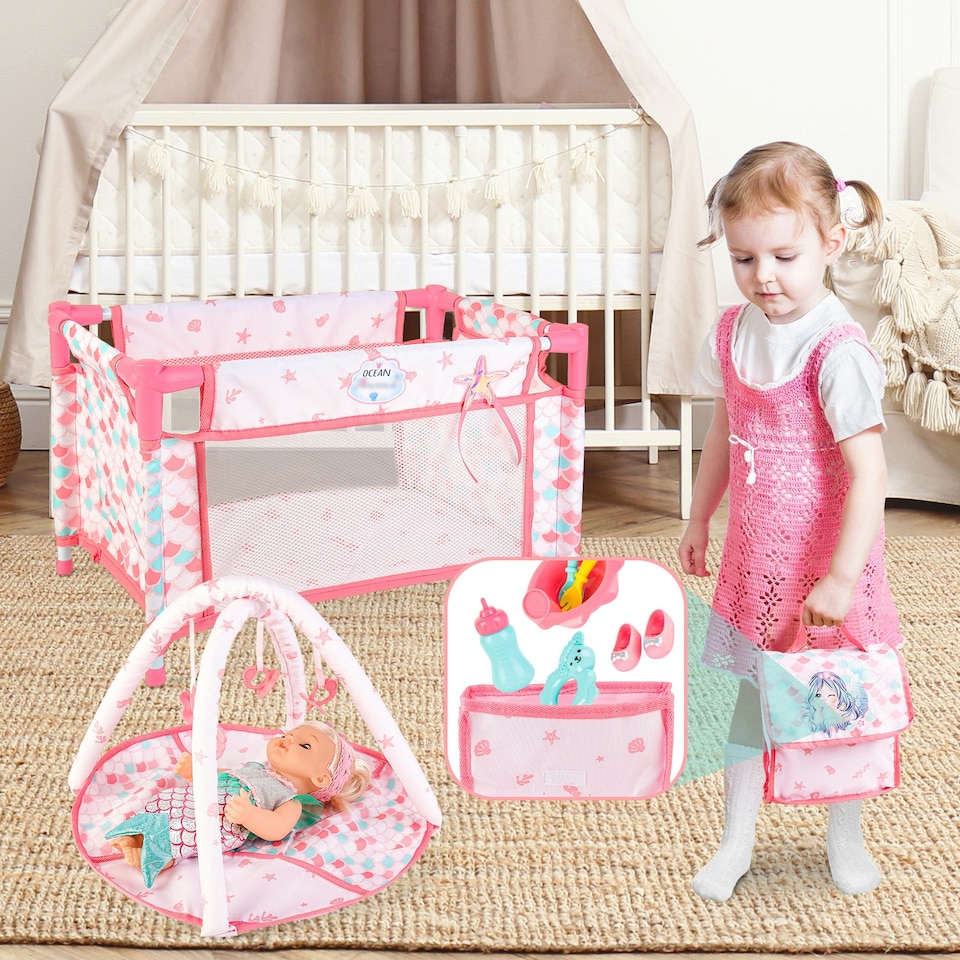 image 1 of Deluxe Mermaid-Themed Baby Doll Playset with Stroller, Crib, Play Mat & Feeding Accessories – Role Play Toy for Girls 3+