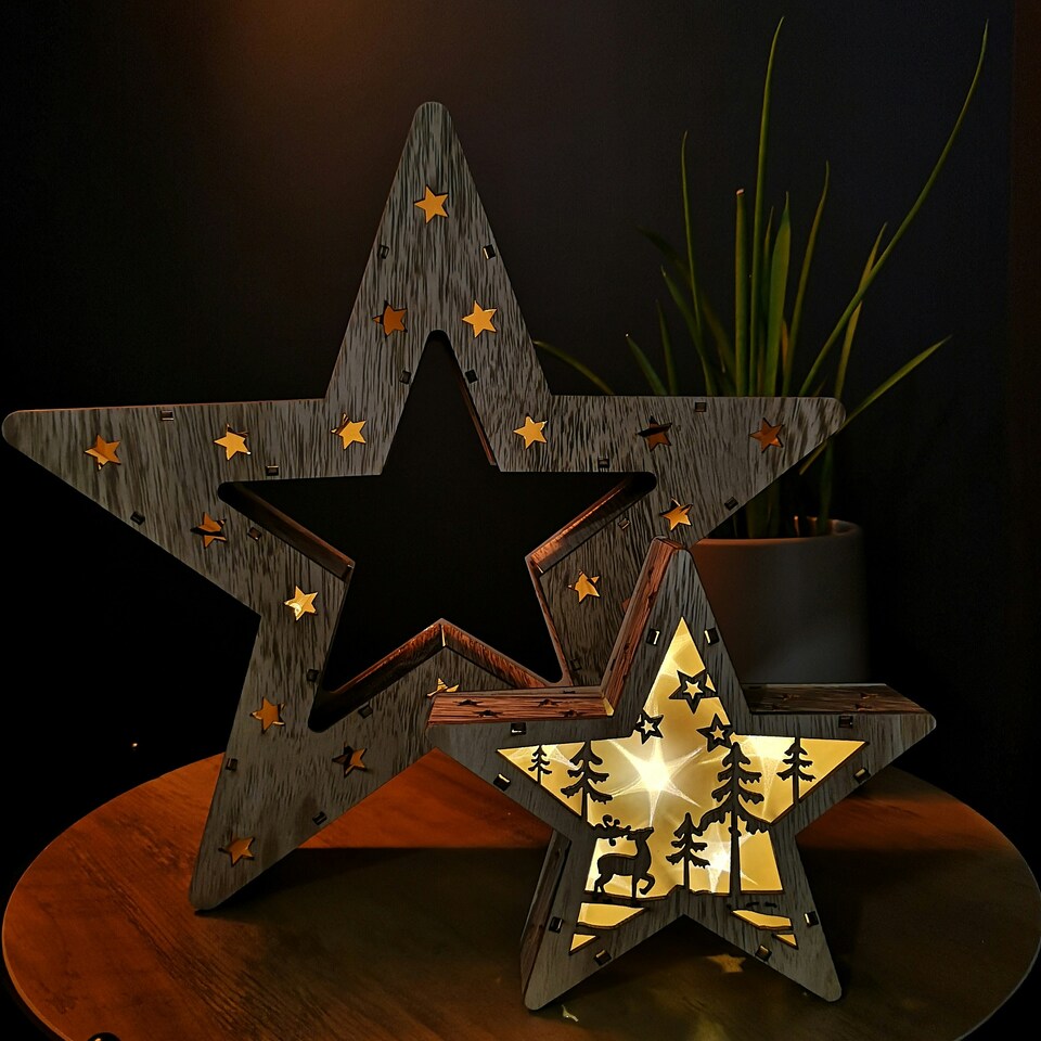 image 1 of Set of 2 Battery Operated Indoor Wooden Christmas Stars with Warm White LEDs