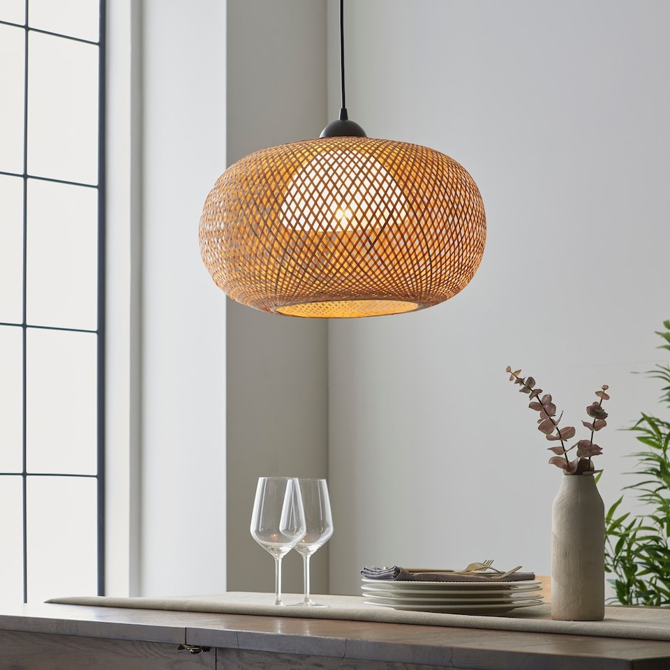 image 1 of Bali Globe Pendant Ceiling Lamp, Natural Bamboo, White, Matt Black