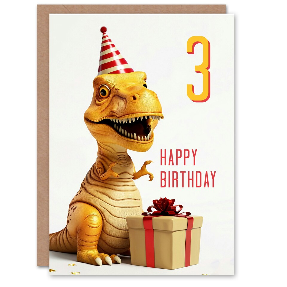 image 1 of 3rd Baby T Rex Dinosaur Party Hat Kids Age 3 Year Old Child Birthday Card
