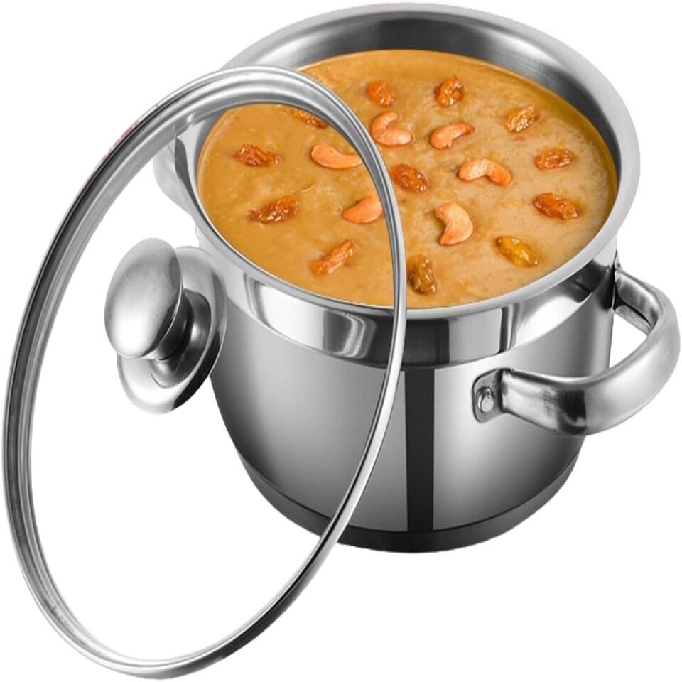 image 1 of Vinod Cookware Two Tone Stainless Steel Sauce Pot with Glass Lid - Steam Vent, Sturdy Handle Induction Bottom (22cm , 4 ltr) N/A