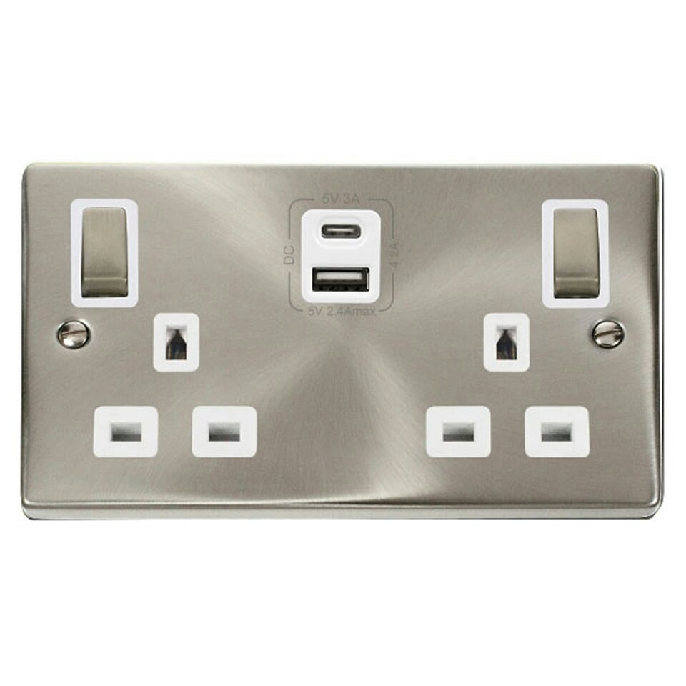 image 1 of SE HOME Satin / Brushed Chrome 2 Gang 13A DP Ingot Type A & C USB Twin Double Switched Plug Socket White | Satin Chrome