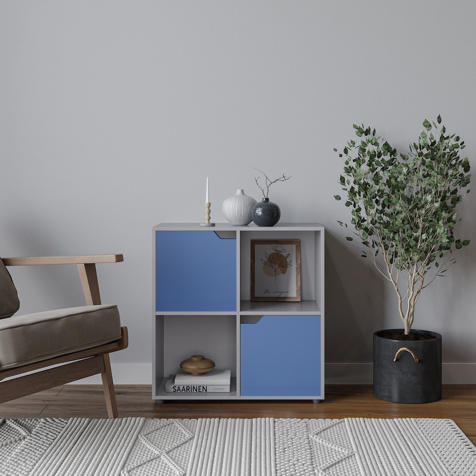 image 1 of 4-Cube Shelving Unit With Wooden Doors - Square | Grey | Grey & Blue | 1