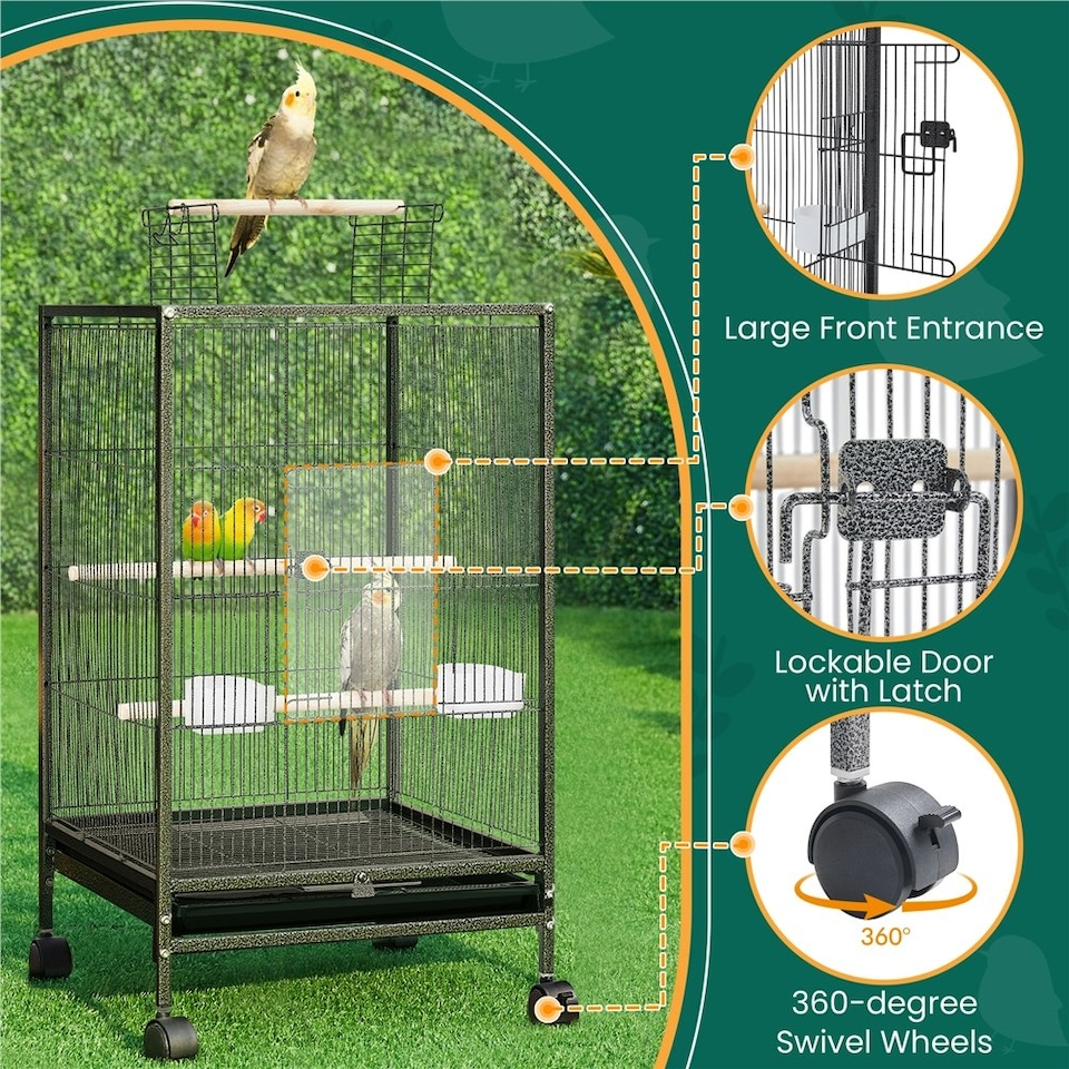 image 1 of Yaheetech 79 cm Tall Open Top Wrought Iron Bird Cage with Rolling Stand Black