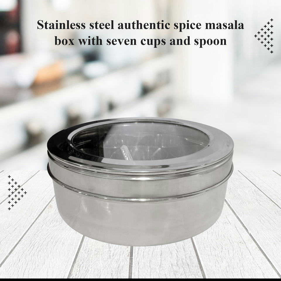 image 1 of Buckingham Stainless Steel Massala Dabba set , 7 cups + 1 Spoon , 22.5 cm with Acrylic / SS Lid Silver