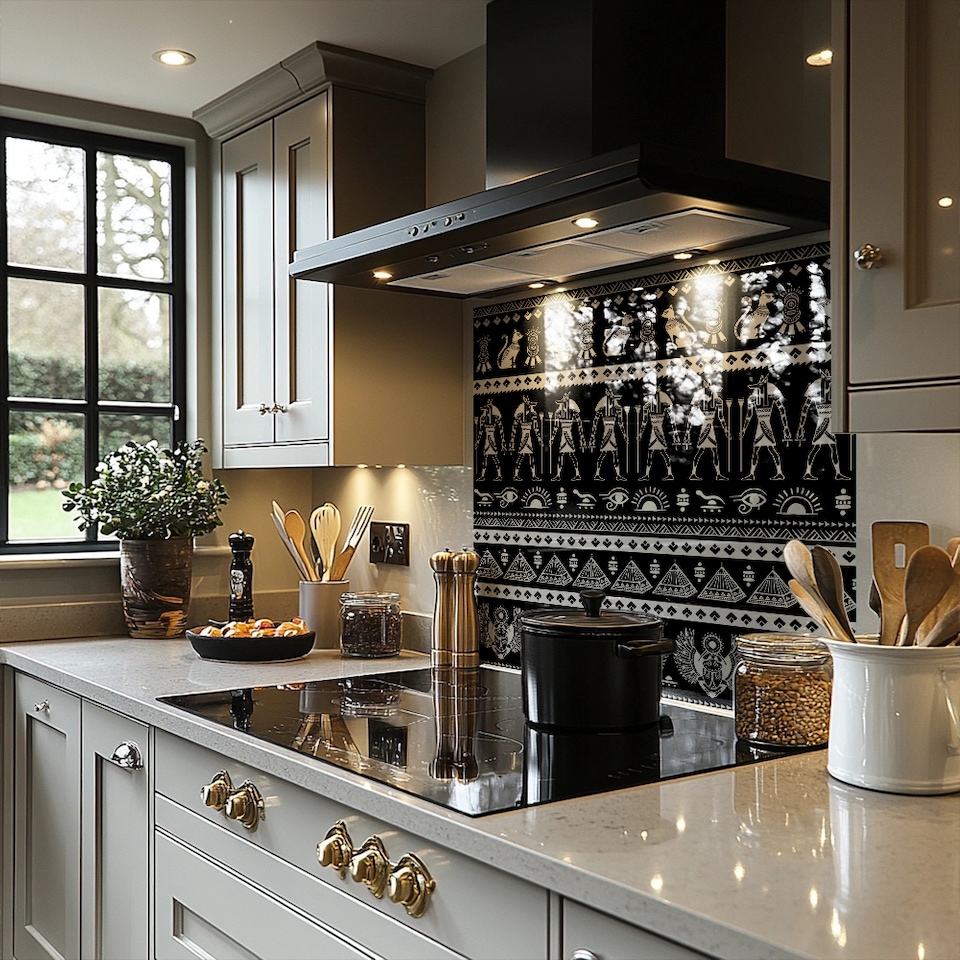 image 1 of Heiroglyphs On Black Splash Back | White