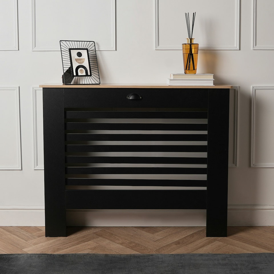 image 1 of OHS Horizontal Slatted MDF Modern Grill Shelf Cabinet Radiator Cover, Medium - Black