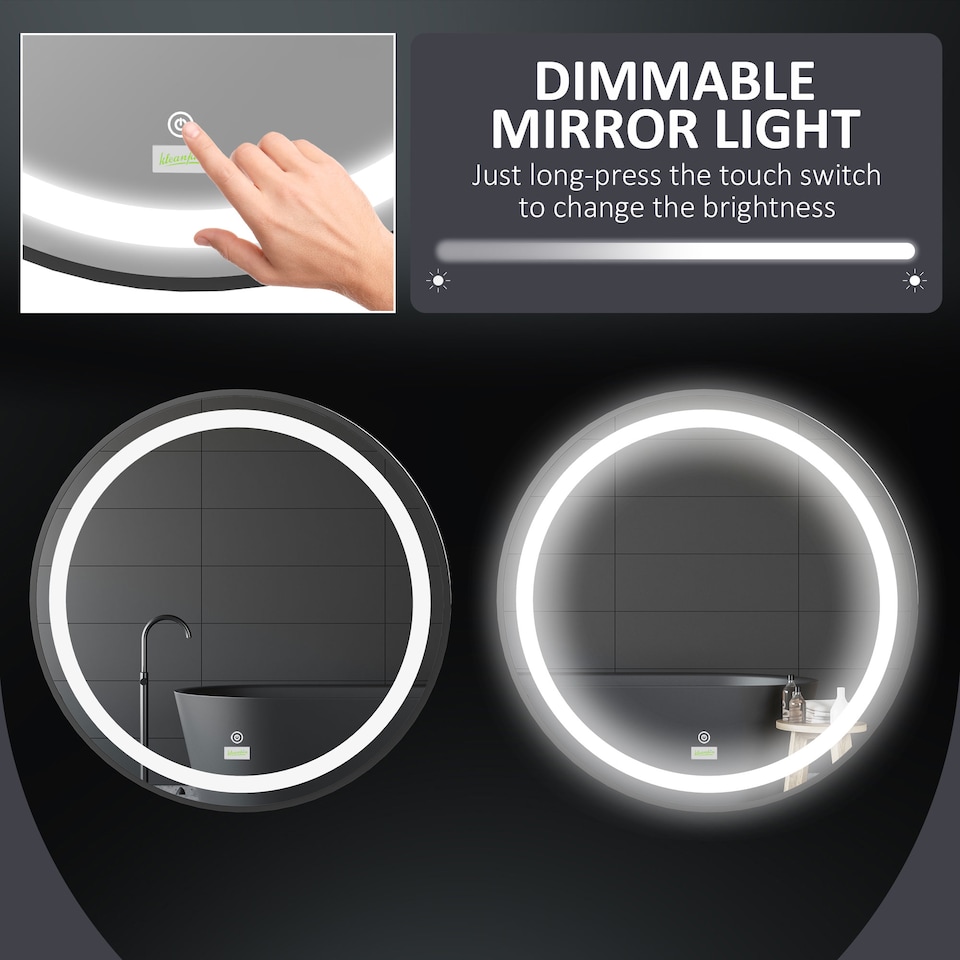 image 1 of kleankin Round LED Bathroom Mirror, Dimmable Lighted Wall-Mounted Mirror with 3 Temperature Colours, Memory Function, Hardwired, Black