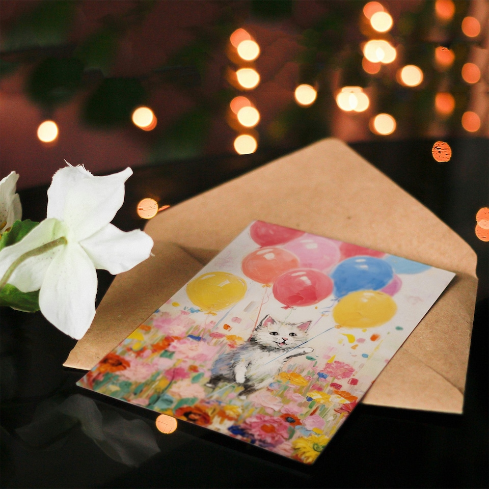 image 1 of Flowers Kitty Kids Balloons Cat Child Kids Birthday Card