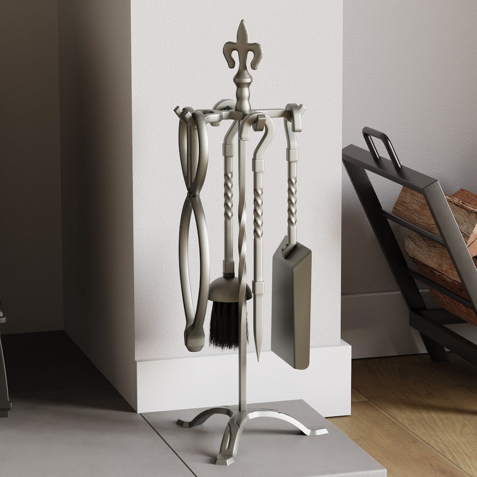 image 1 of Fire Vida 5 Piece Fleur De Lys Companion Set Fireside Fireplace Accessory, Pewter