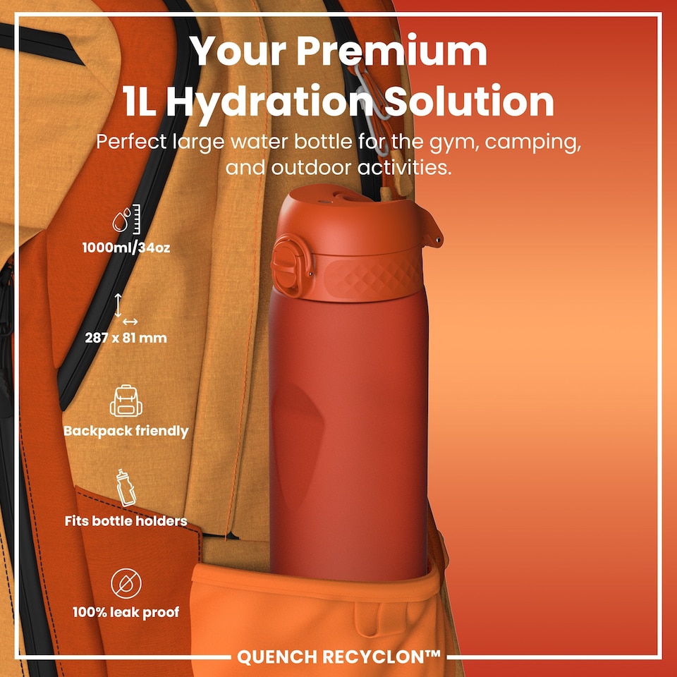 image 1 of Leak Proof 1 Litre Water Bottle, BPA Free, 1000ml (32oz) | Orange | Hearty Orange | 1L