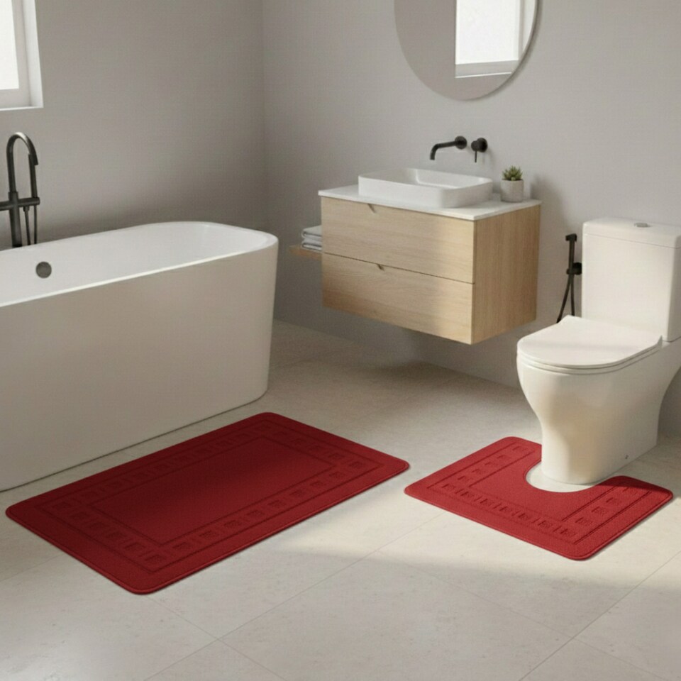 image 1 of 2 Piece Box Design Bath Mat Set Soft Absorbent Non-Slip Bathroom Mats | Red