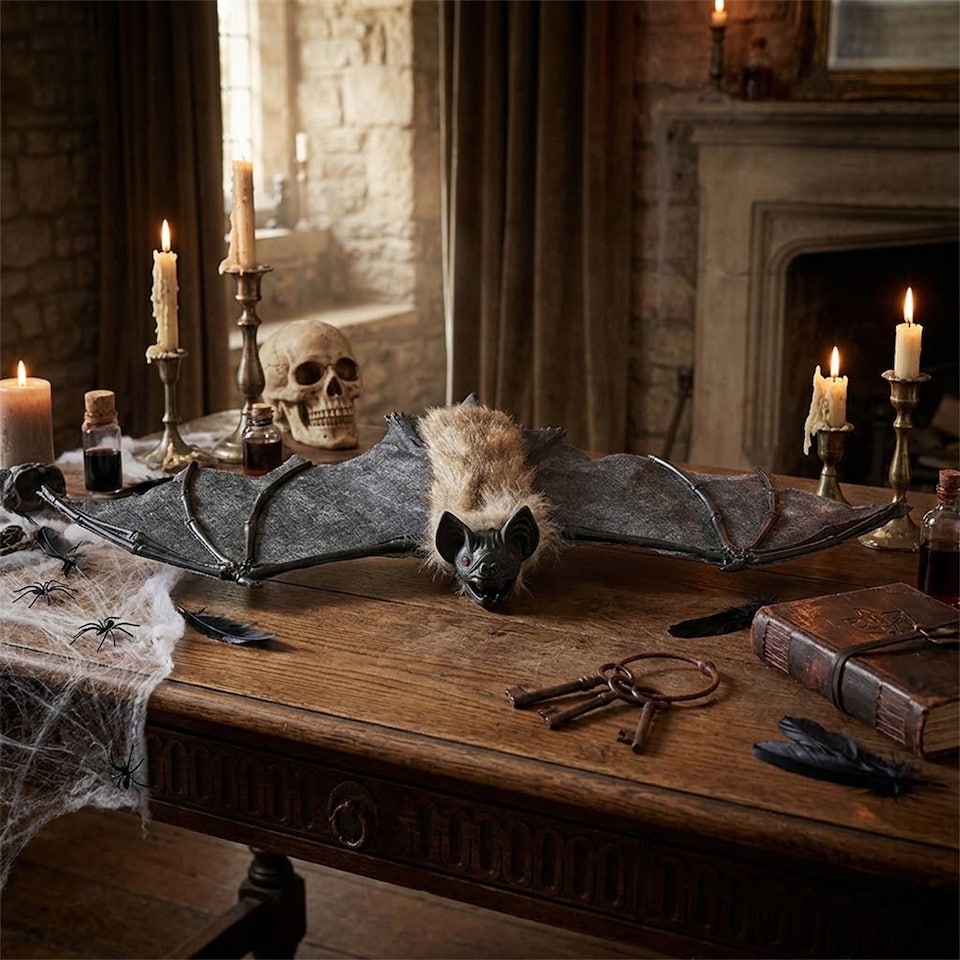 image 1 of Black Hairy Bat Halloween Decoration 39cm