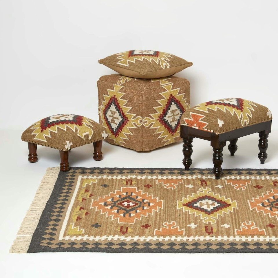 image 1 of Homescapes Jaipur Handwoven Kilim Footstool - 40 x 40 cm