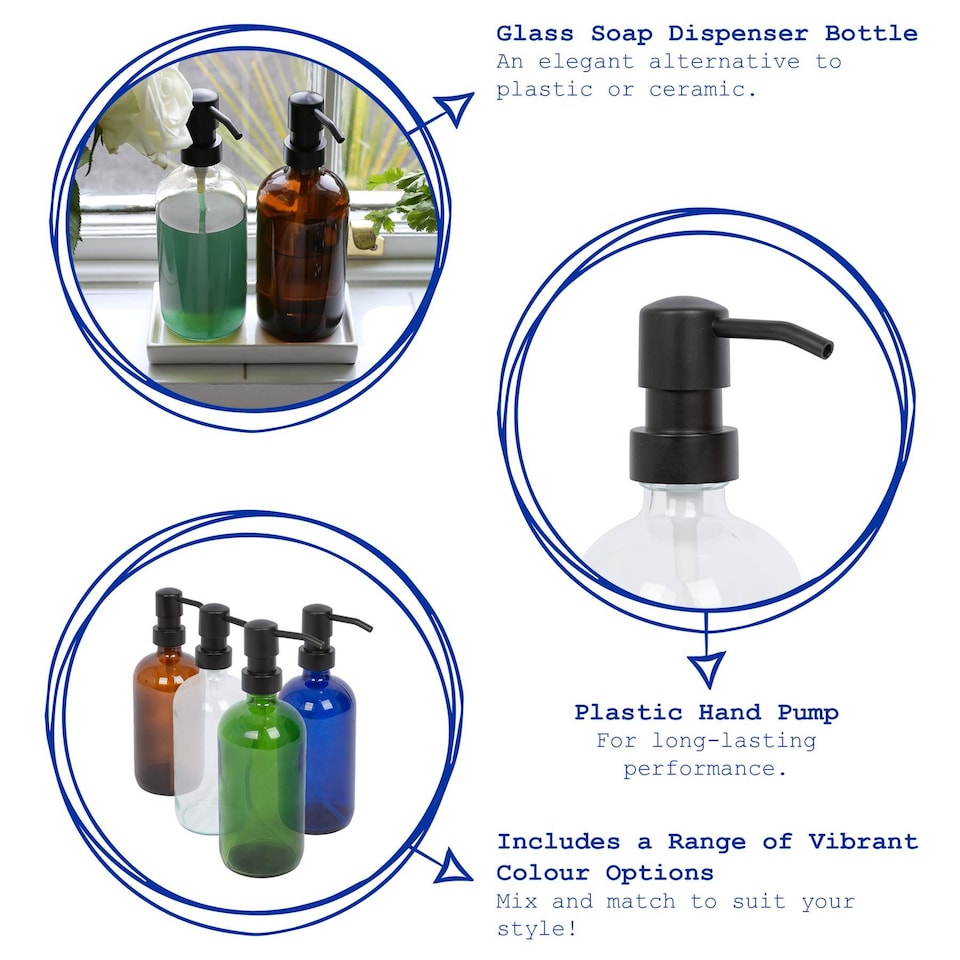 image 1 of Harbour Housewares 500ml Glass Soap Dispensers - 4x Clear Bathroom Kitchen Spa Refillable Hand Wash or Lotion Bottle with Pump