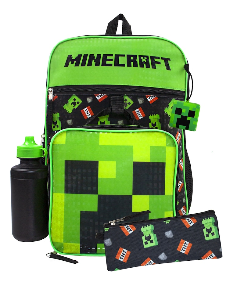 image 1 of Minecraft Creeper Backpack Set | Boys TNT 5 Piece Gamer Rucksack | Pencil Case, Bottle & Lunchbag Included | Unleash Adventure | Black | Black