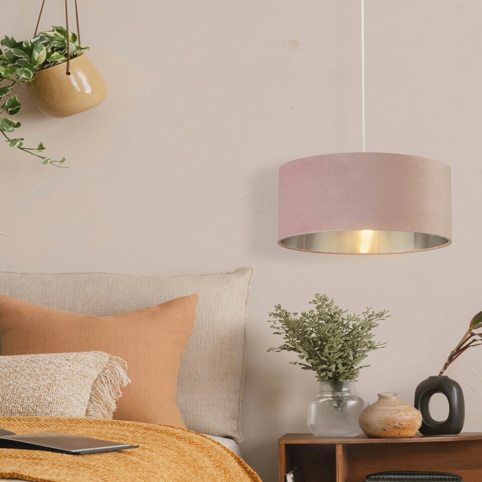 image 1 of PINK VELVET DRUM SHADE & SILVER INNER (D35cm)