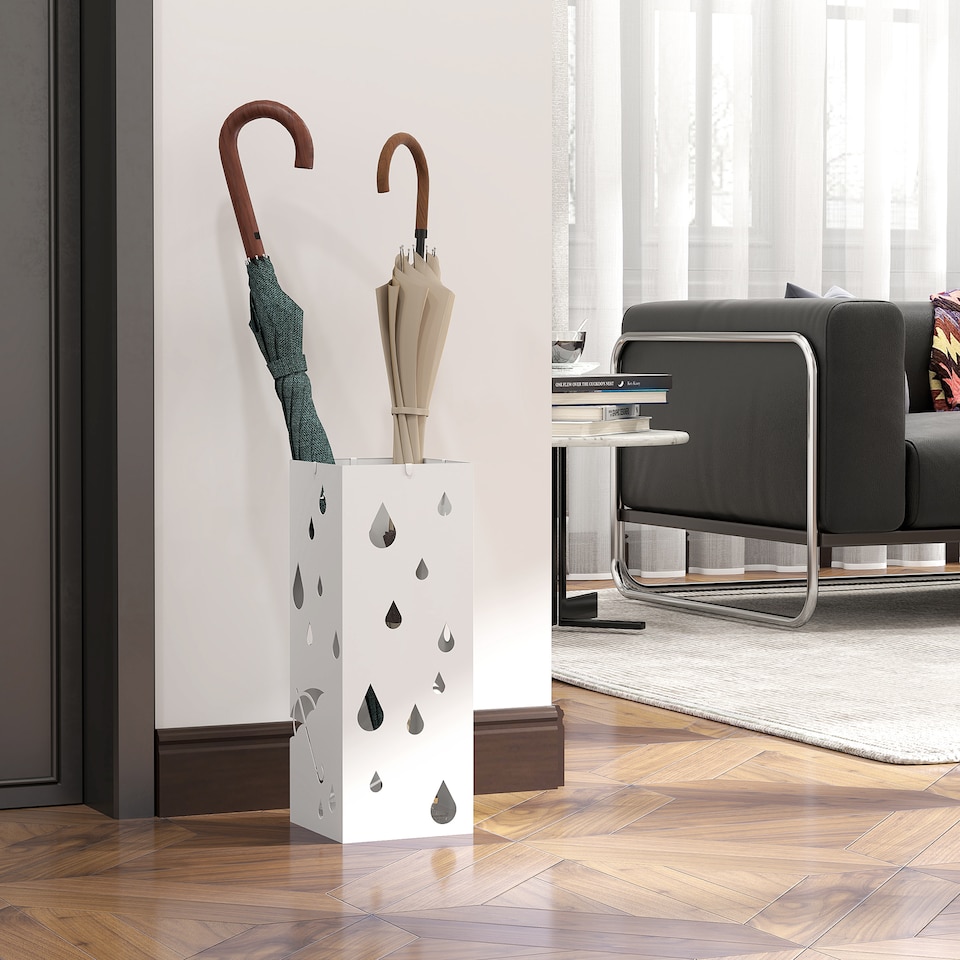 image 1 of HOMCOM Metal Umbrella Stand, Square Umbrella Basket with 4 Hooks Drip Tray White