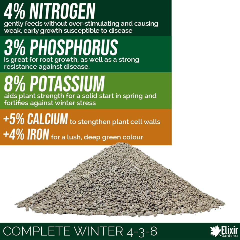 image 1 of Elixir Gardens Complete Winter & Autumn Lawn Feed/Fertiliser with Iron & Calcium 4-3-8+4Fe x 3kg Tub