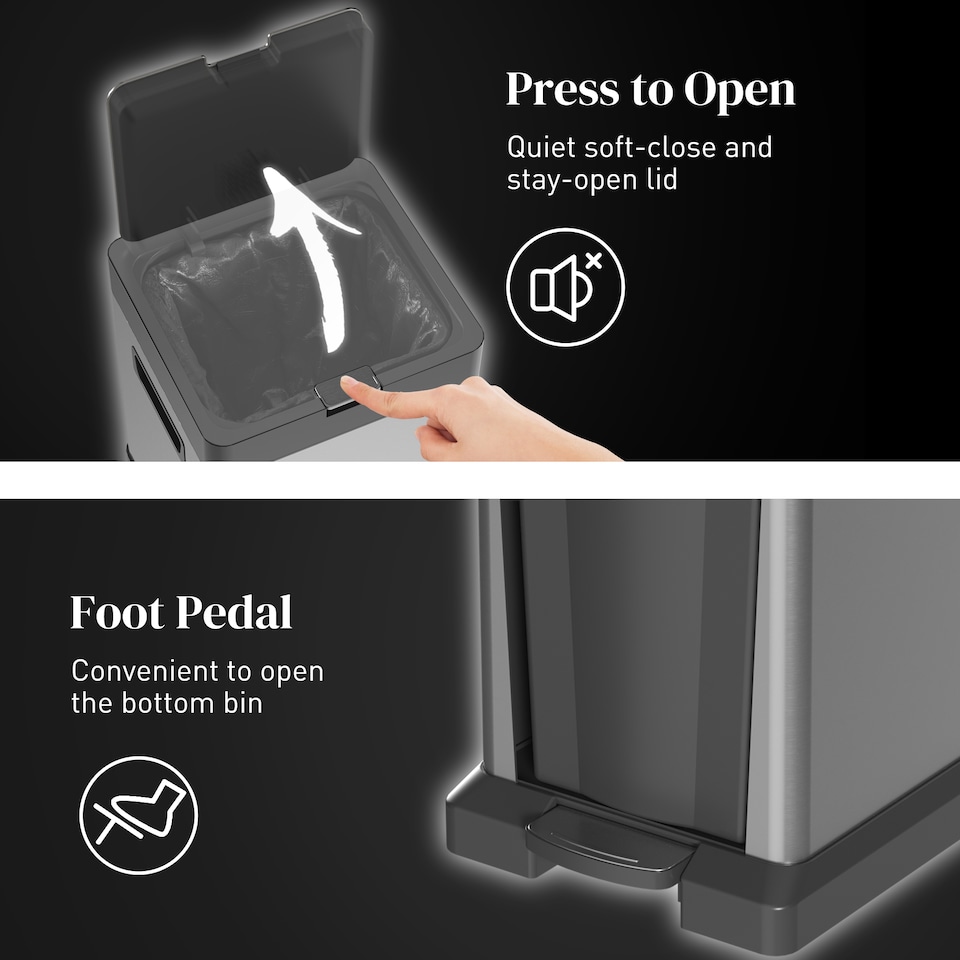 image 1 of HOMCOM Dual Kitchen Bin, Double Bin for Recycling and Waste, Stainless Steel Vertical Pedal Bin with Tilt Out Bin, Soft-Close Lid, Removable Inner Buckets and Handles, Silver | Silver | 1