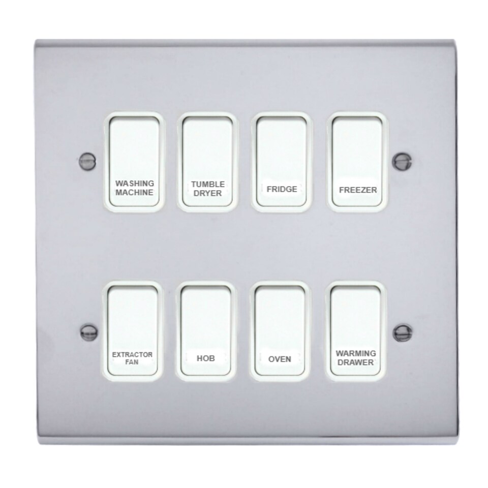 Deta Kitchen Grid Switch Polished Chrome / White Switches - 8 Gang