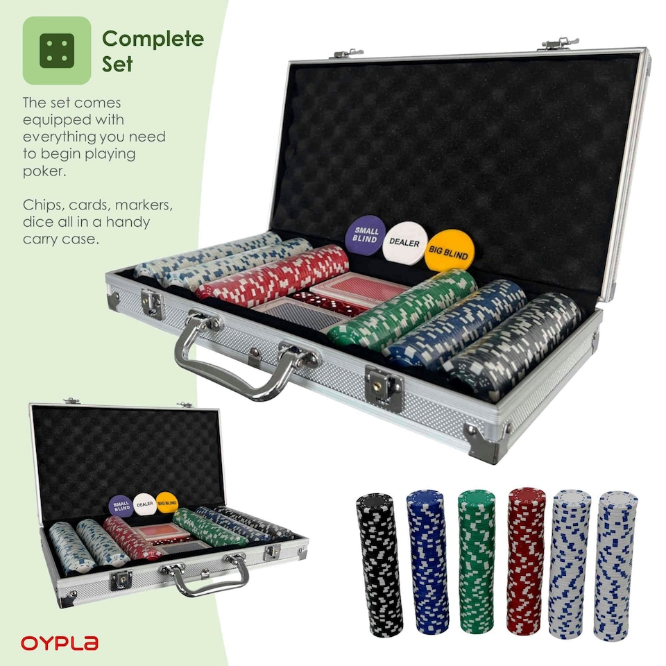 image 1 of Oypla Poker Set - 300 Piece Texas Hold Em Complete With Chips, Cards, Dice, And Casino Style Case