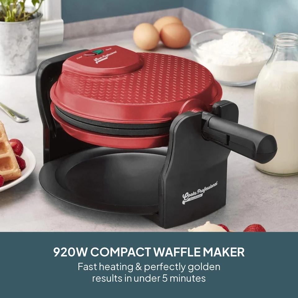 image 1 of Cooks Professional Rotary Belgian Waffle Maker Machine with Non-Stick Plates & Drip Tray | Red