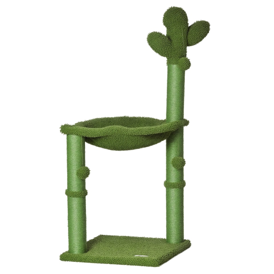 image 1 of PawHut Cactus Cat Tree Tower with Sisal Scratch Post Hammock, 96cm, Green