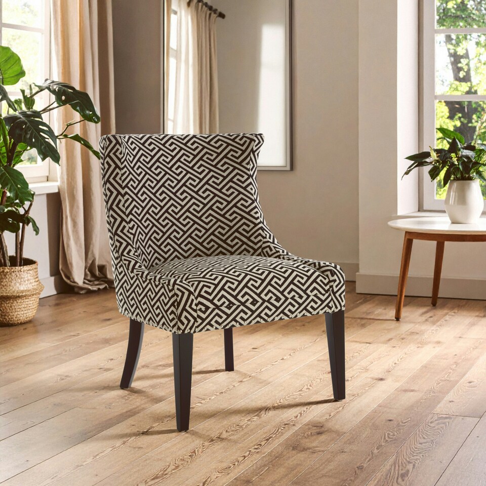 image 1 of Interiors by Premier Greek Key Design Wingback Lounge Chair, Black & Beige Jacquard Upholstery, Solid Birchwood Legs Multi
