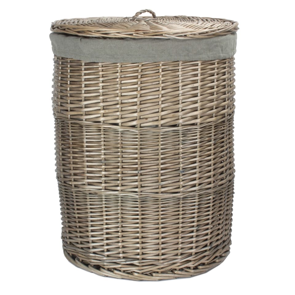 image 1 of Large Antique Wash Round Linen Basket with Grey Sage Lining | Grey | Grey