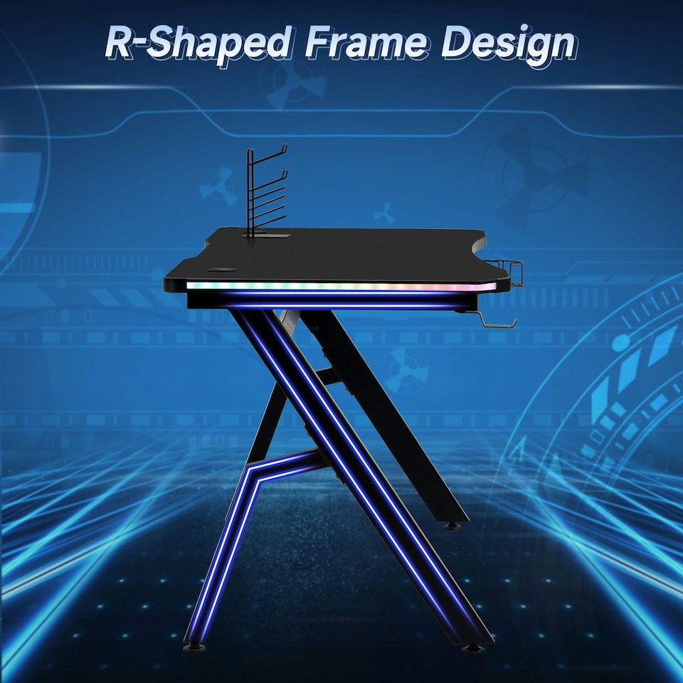 image 1 of HOMCOM Ergonomic Gaming Desk with Hook Cup Holder LED & Cable Management, Black