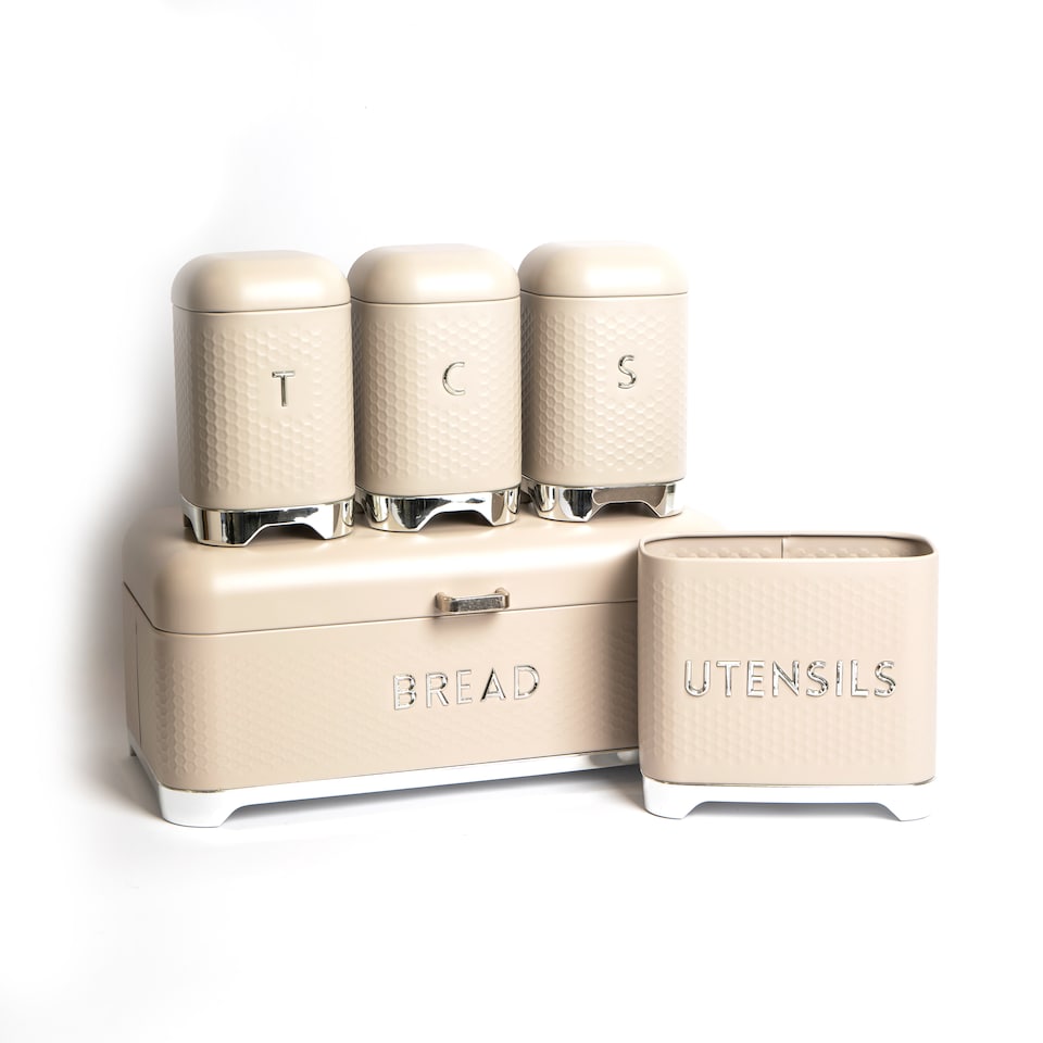 image 1 of 5pc Gift-Boxed Iced Latte Storage Set with Tea, Coffee & Sugar Canisters, Utensil Store and Bread Bin - Lovello