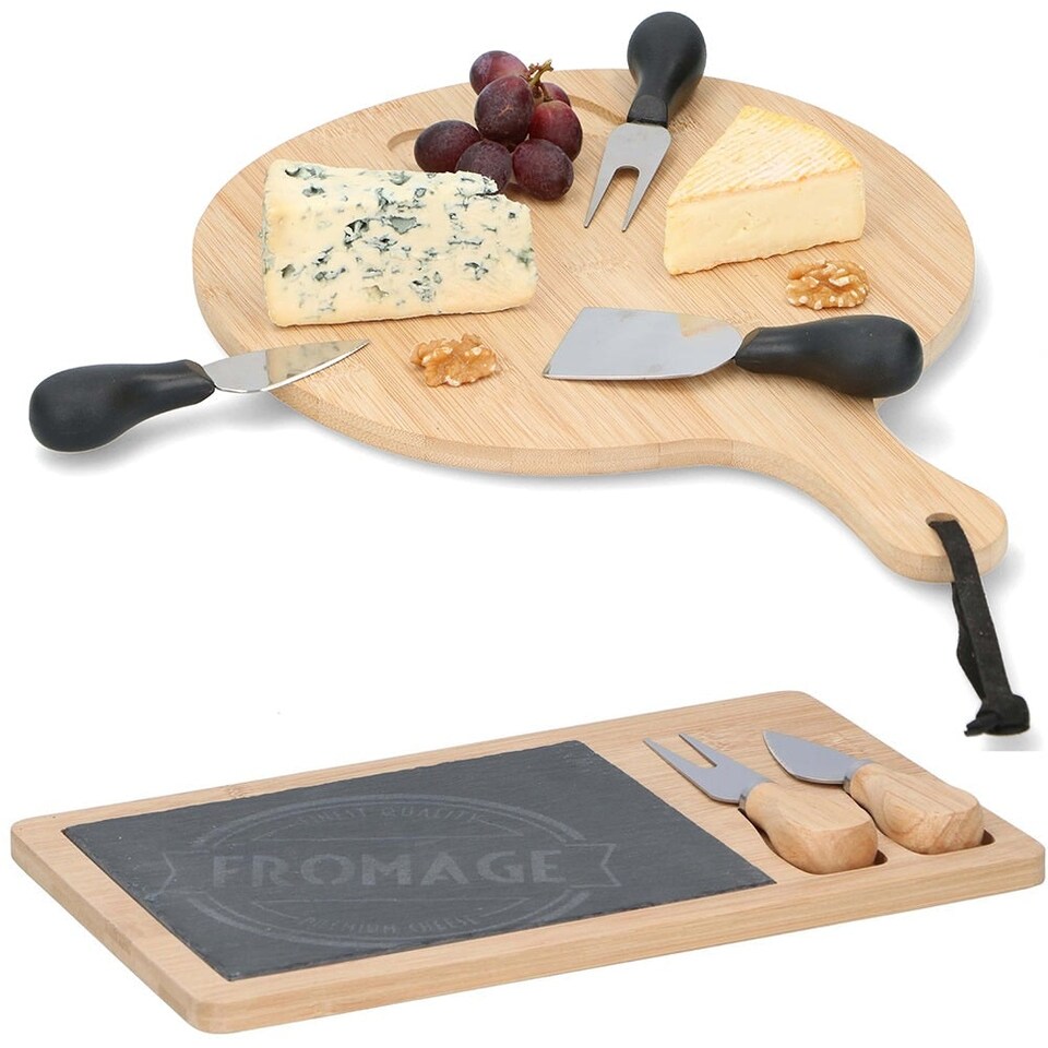 image 1 of Bamboo Wooden Cheese Board Set Fork Knives Kitchen Slate Christmas Present Gift N/A