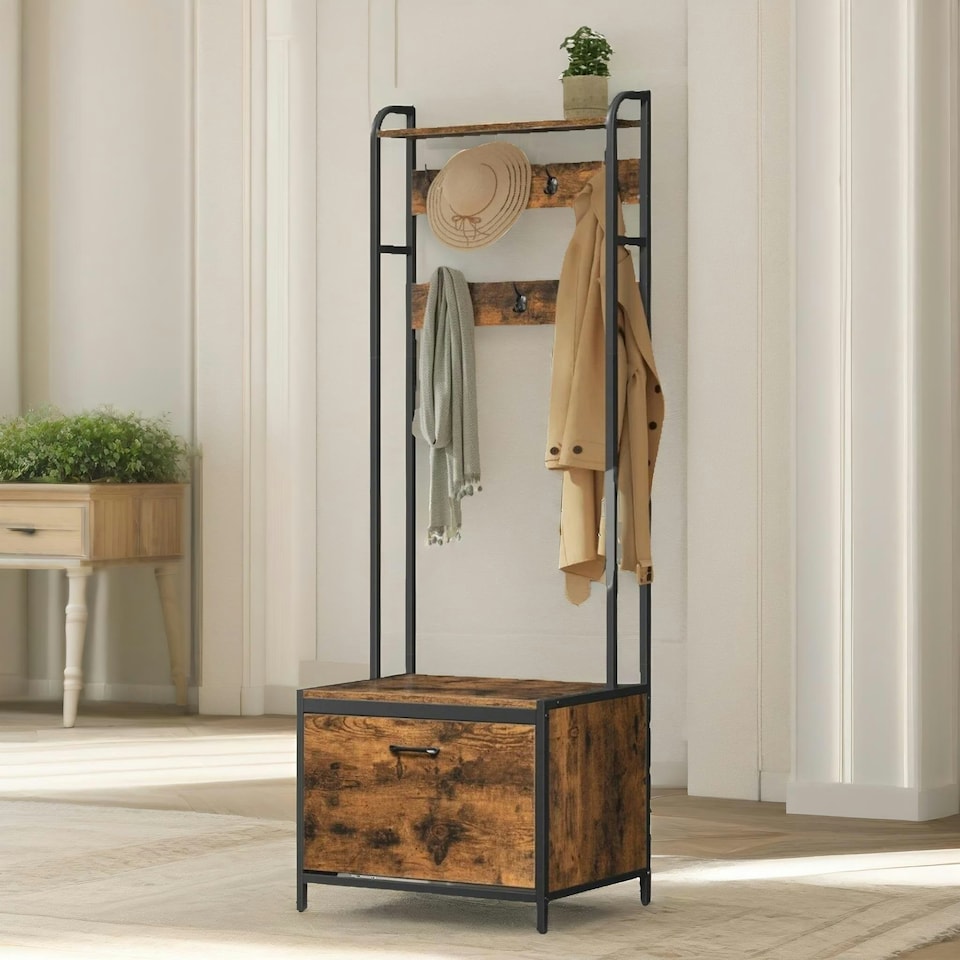 image 1 of Industrial Coat Rack Stand With Shoe Storage Brown One Size