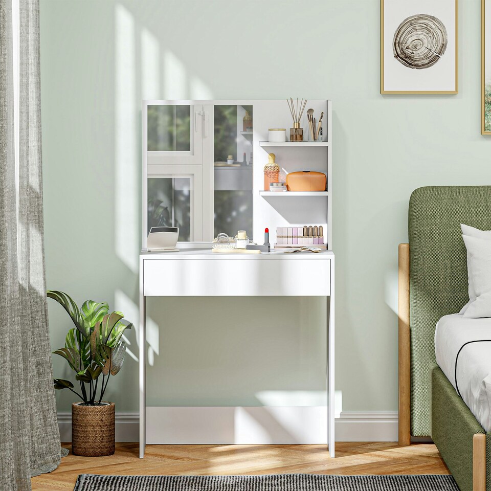 image 1 of HOMCOM Dressing Table with Mirror and Storage, Modern Vanity Desk, White White