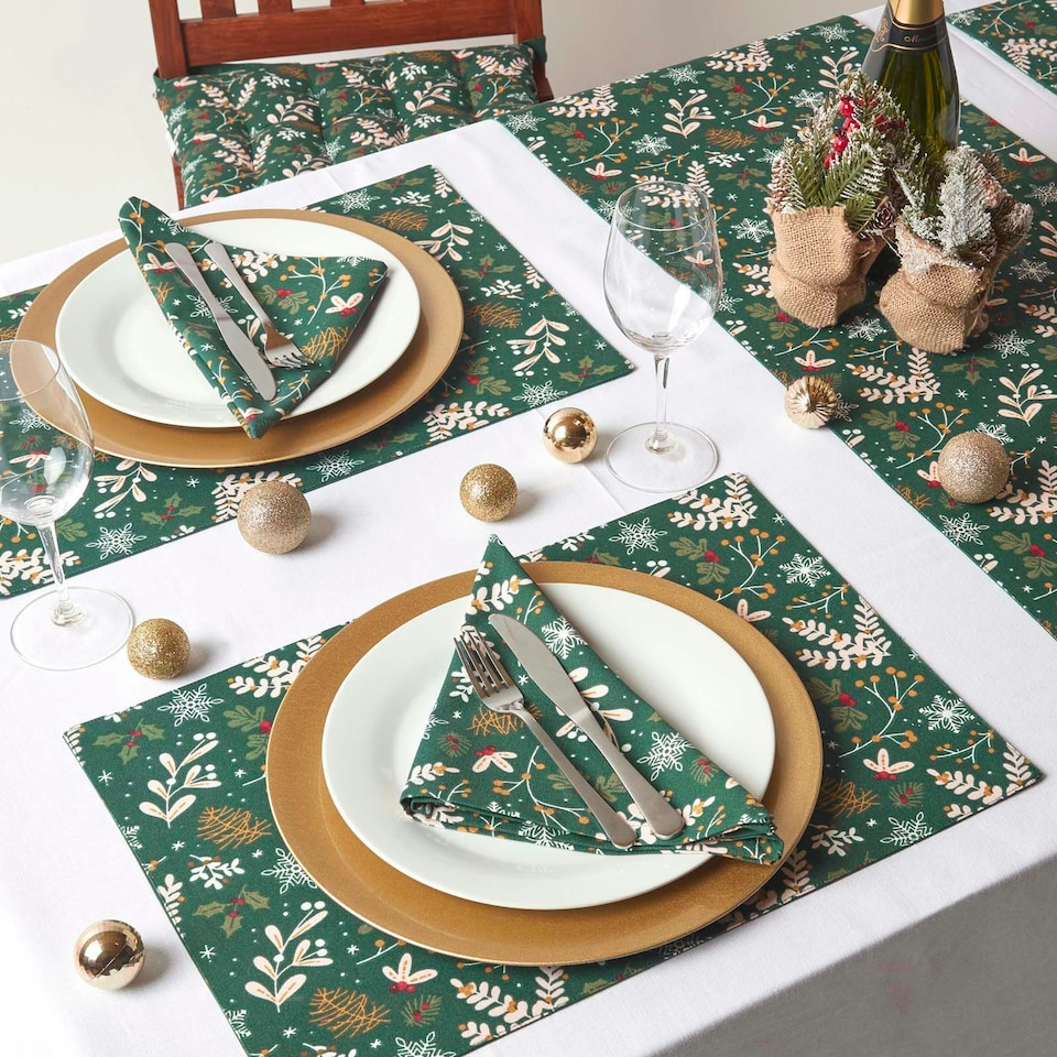 image 1 of Homescapes Festive Forest 100% Cotton Green Christmas Tablecloth - 137 x 137 cm | Green | 137cm x 137cm (54" x 54")