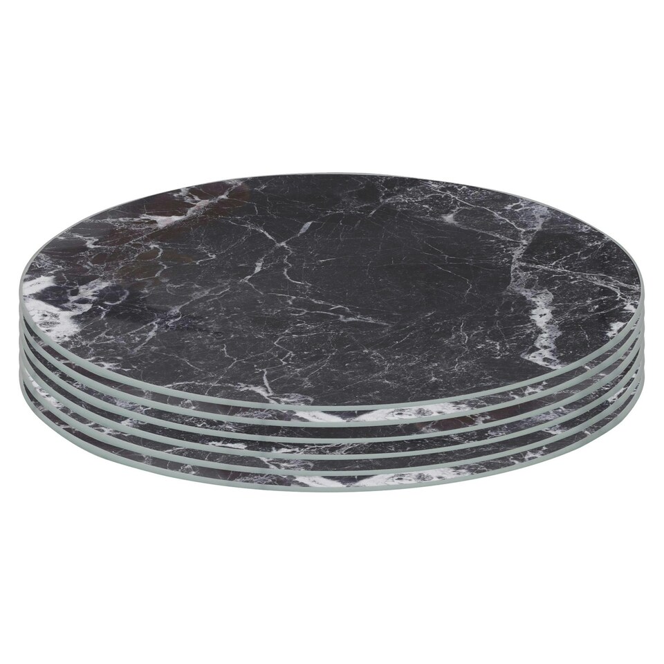 image 1 of Harbour Housewares Round Glass Placemats - Black Marble - 30cm - Set of 6 Elegant Mats Black