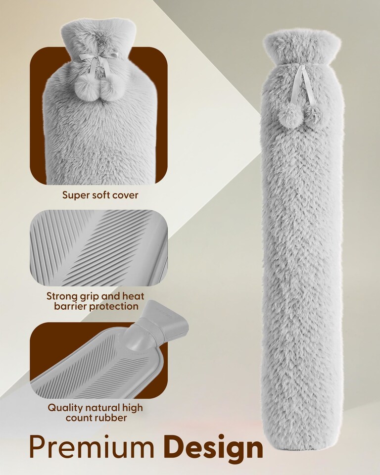 image 1 of Keplin Extra Long Hot Water Bottle 2 Litre Natural Rubber with Fleece Cover