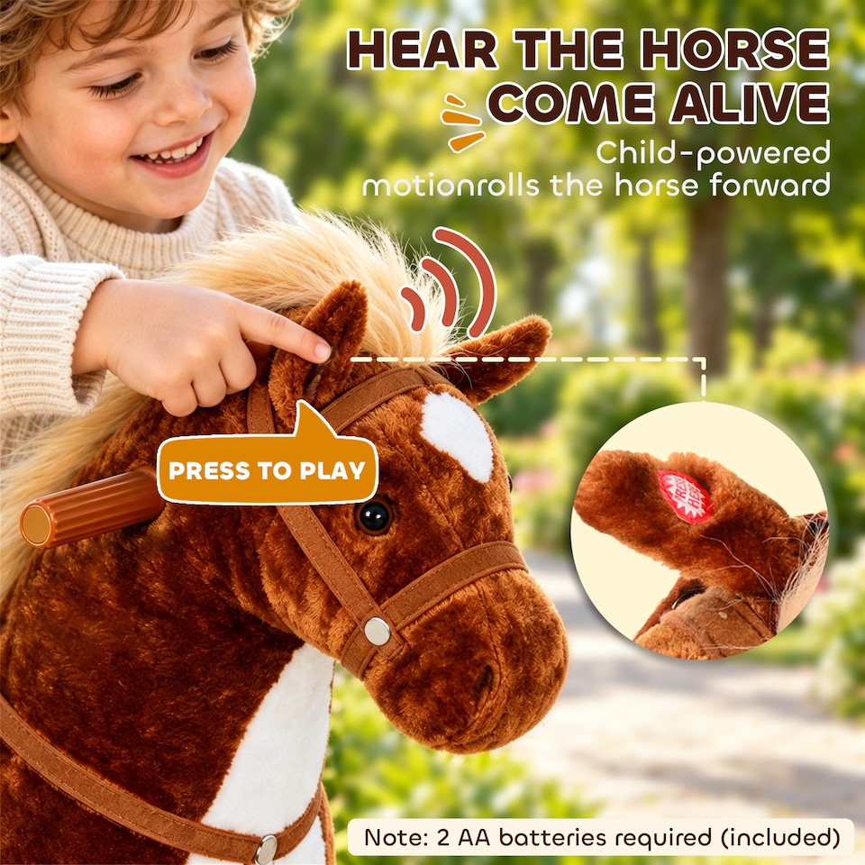 image 1 of HOMCOM Kids Walking Ride on Horse Toy Plush Walk Pony with Wheels Sound
