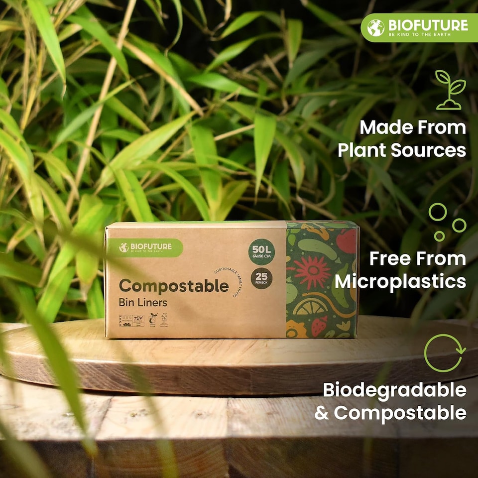 image 1 of Biofuture 50L x 25 Compostable Bin Liners | Home Compostable & Council Approved | Fits 49-51L Large Garden & Compost Waste Bags | EN13432 Certified & TUV Certified