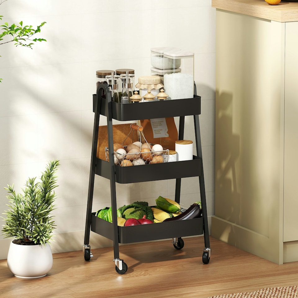image 1 of HOMCOM 3-Tier Rolling Utility Cart Kitchen Storage Trolley on Wheels Black
