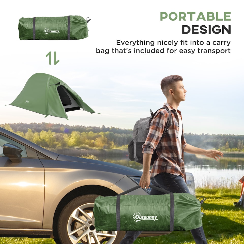 image 1 of Outsunny Double Layer Camping Tent for 1-2 Man, 2000mm Waterproof, Green