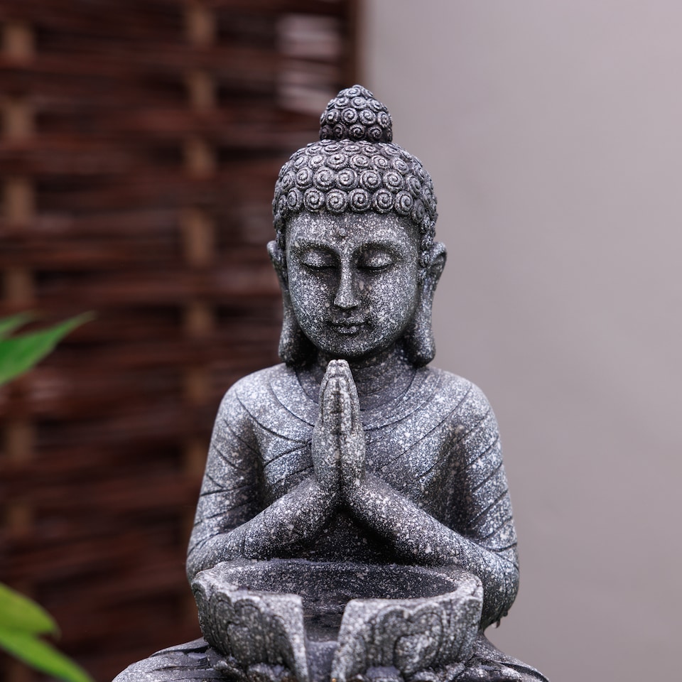 image 1 of Praying Buddha Tabletop Water Feature With LED Lights