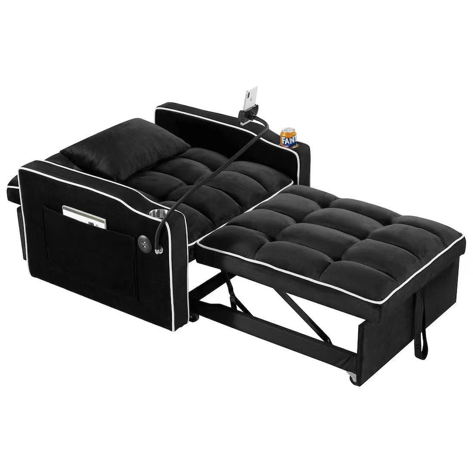 image 1 of 3-in-1 Convertible Black Sofa Bed Sleeper Chair with Adjustable Backrest, USB Charging & Cup Holder for Small Spaces Black