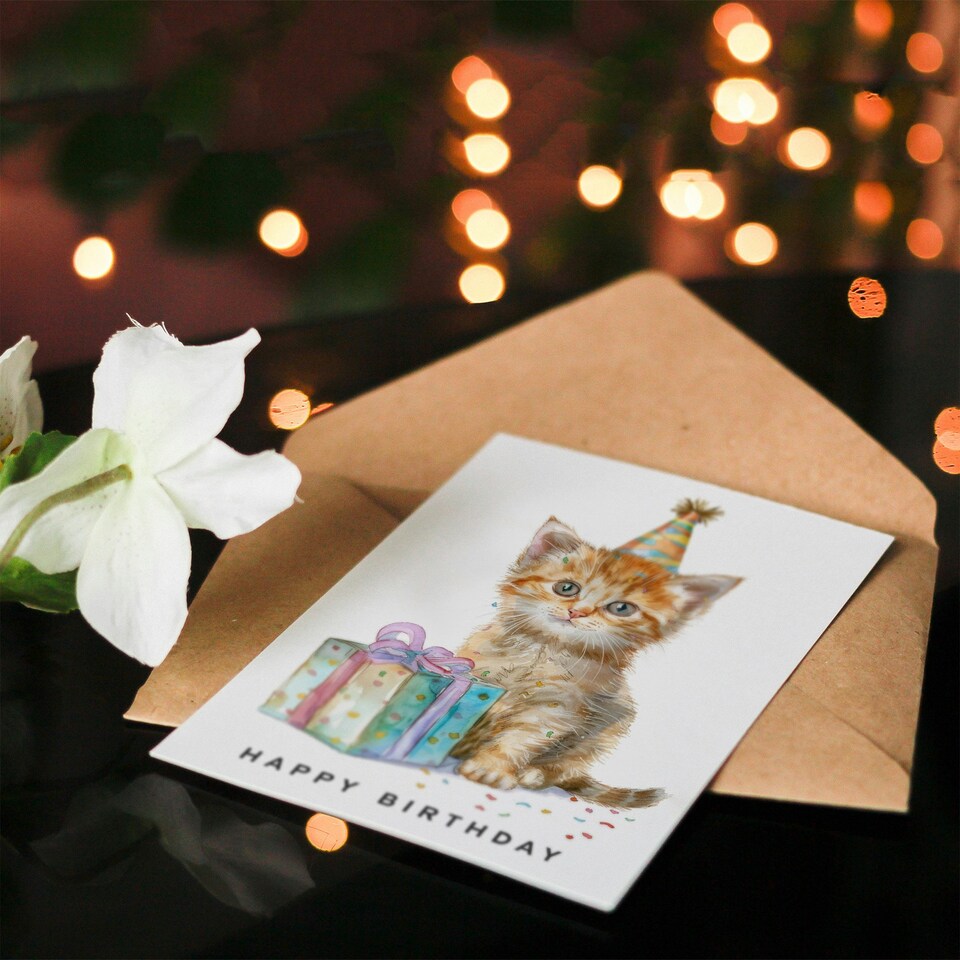 image 1 of Adorable Kitten Pet Party Hat Girl Boy Kids Birthday Card
