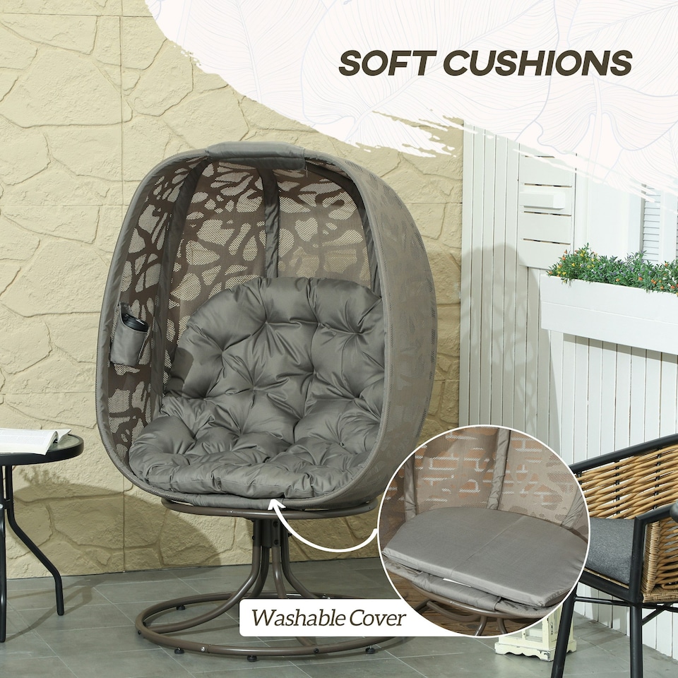 image 1 of Outsunny Foldable Egg Chair with Cushions, Outdoor Swivel Lounger Brown