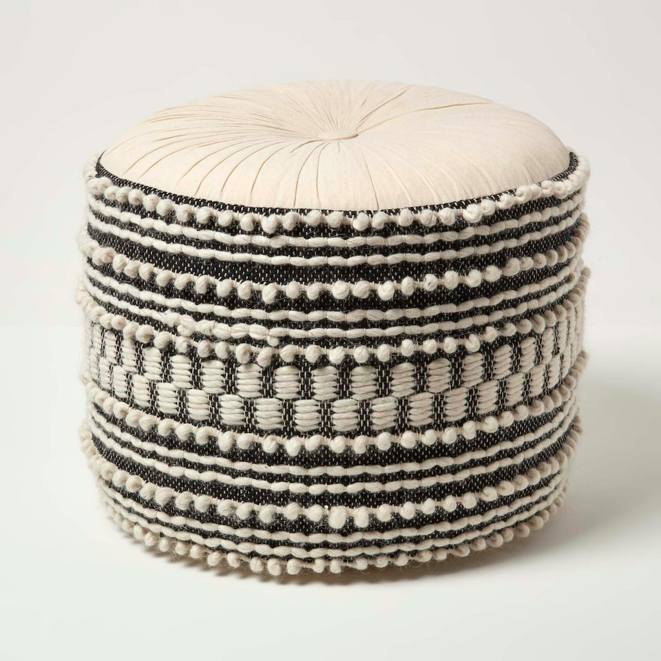 image 1 of Homescapes Priya Cream & Black Macrame Boho Pouffe